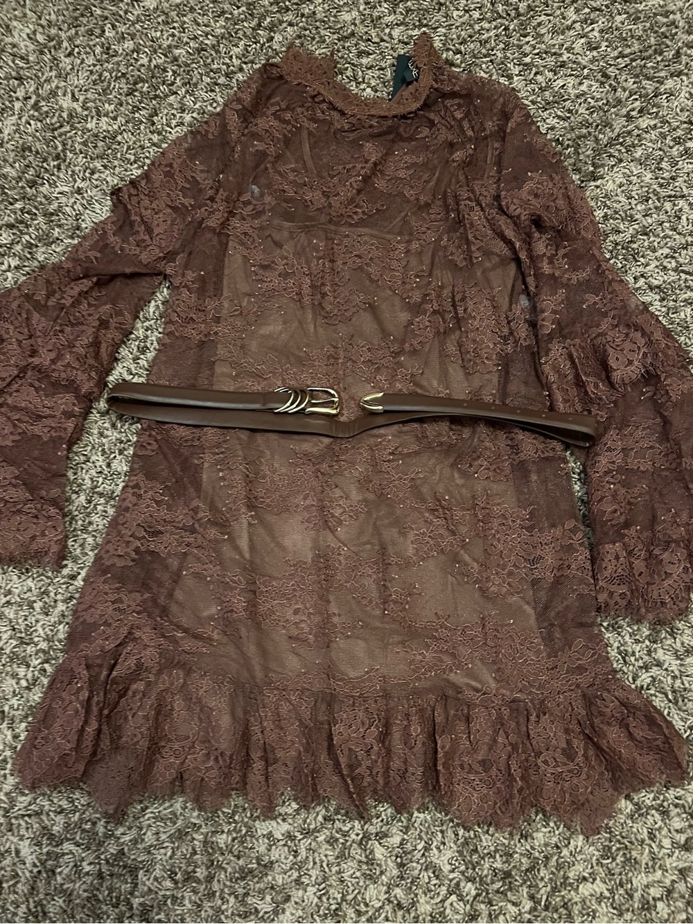 Fashion Nova Brown Lace Long Sleeve Mini Dress